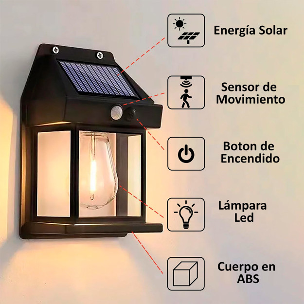 Imagen de FAROL 1 Luz Pared Solar c/Sensor Negro 12x6x17cm H