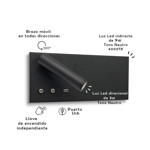 Imagen de APLIQUE Velador DIXON 9W+3W Negro Izquierdo c/USB 25x11x11.5cm