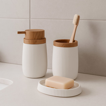 Imagen de SET 3 Pzas Rayas PP y Madera Blanco