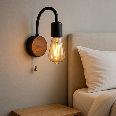 Imagen de APLIQUE 1 Luz E27 Brazo Flex. c/Inter. Negro/Madera Base: Ø10x3cm / Brazo: 25cm