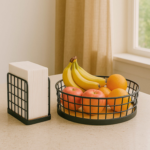 Imagen de CANASTO Calado Acero Negro y Bamboo 29x8cm