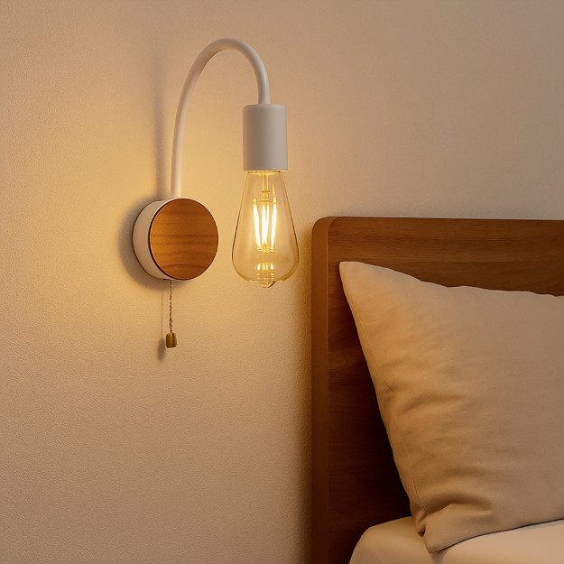 Imagen de APLIQUE 1 Luz E27 Brazo Flex. c/Inter. Blanco/Madera Base: Ø10x3cm / Brazo: 25cm