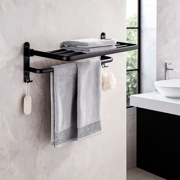 Imagen de TOALLERO Repisa Hotel Plegable Aluminio Negro 59.5x17.5x21cm Prof.