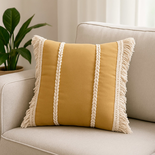 Imagen de ALMOHADON con Trenzas y Flecos Beige 45x45cm