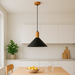 Imagen de Colgante Campana Negra con Madera 1 Luz E27 Ø30cm