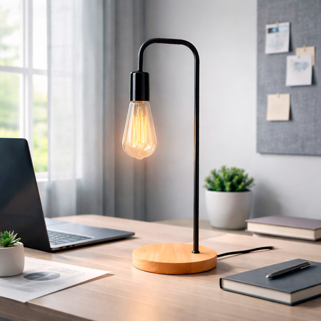 Imagen de Lampara de Mesa Negra con Madera 48.5cm H