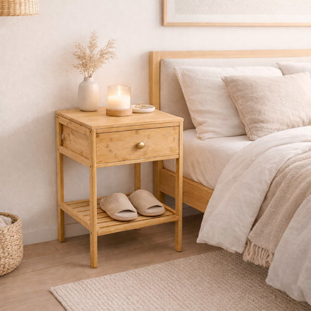Imagen de Mesa de Luz 1 Cajón y Estante Madera Natural Bambú
