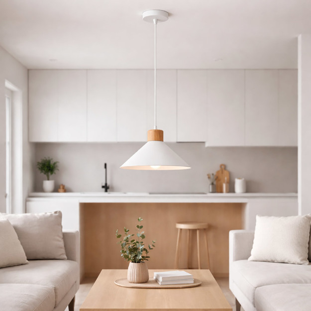 Imagen de Colgante Campana Blanco con Madera 1 Luz E27 30cm