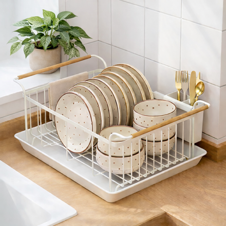 Imagen de ESCURREPLATOS Mix c/cubiertera Blanco/Madera 43x32x14cm H / Con asas 50cm