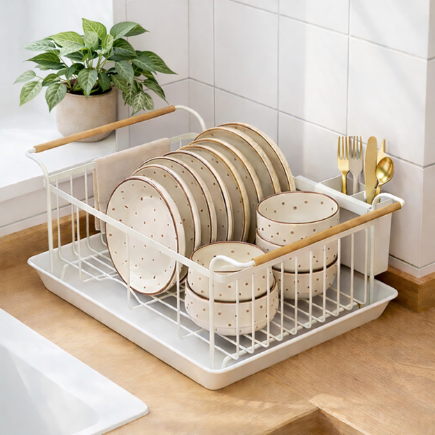 Imagen de ESCURREPLATOS Mix c/cubiertera Blanco/Madera 43x32x14cm H / Con asas 50cm