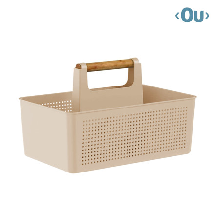 Imagen de Canasta Beige con Mango Madera OU 22x34x21.5cm