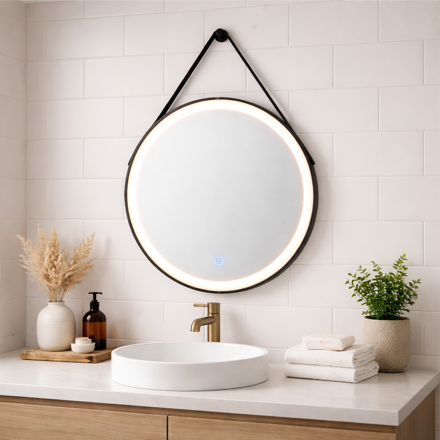 Imagen de Espejo Redondo 60cm, Luz LED, Marco y Cuero Negro