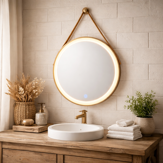 Imagen de Espejo Redondo 60cm, Luz LED, Marco y Cuero Natural