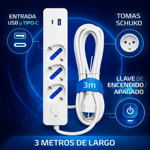 Imagen de ALARGUE 3 Tomas Schucko + USB + Tipo C  c/llave Encendido y Apagado 3mts Blanco Dense