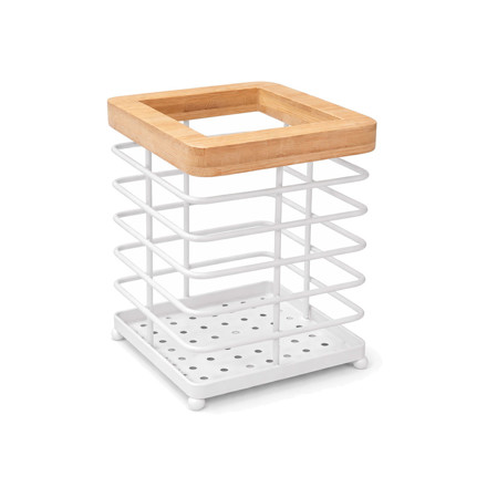Imagen de PORTA Cubiertos Prisma Blanco y Madera 10.5x10.5x15cm H