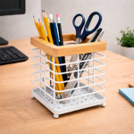 Imagen de Portacubiertos Prisma Blanco con Madera 10.5x10.5x15cm H