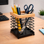 Imagen de Portacubiertos Prisma Negro con Madera 10.5x10.5x15cm H