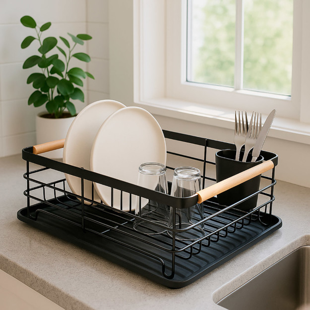 Imagen de ESCURREPLATOS Mix 2 c/cubiertera Negro/Madera