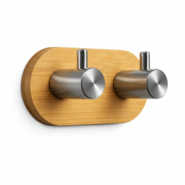 Imagen de Percha Adhesiva 2 Ganchos Acero-Bambu 9x4.5x4cm Prof.