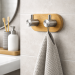 Imagen de Percha Adhesiva 2 Ganchos Acero-Bambu 9x4.5x4cm Prof.