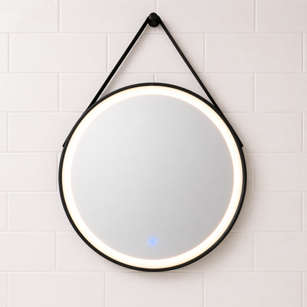Imagen de Espejo Redondo 60cm, Luz LED, Marco y Cuero Negro