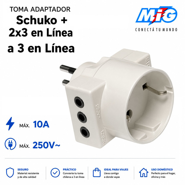 Imagen de TOMA Adaptador Schuko + 2x3 en linea a 3 en linea Blanco MIG