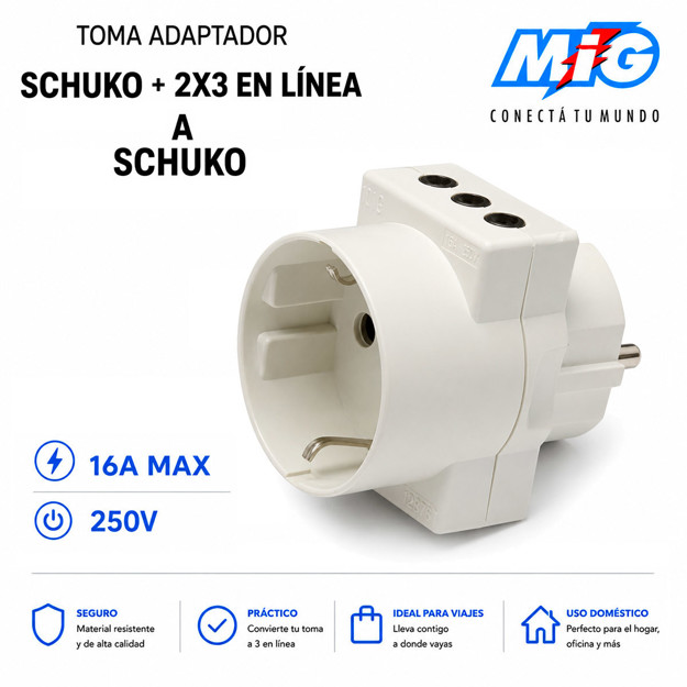 Imagen de TOMA Adaptador Schuko +2 3 en linea a Schuko Blanco MIG