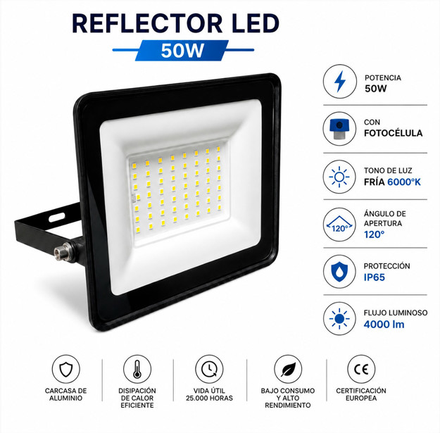 Imagen de LED Reflector 50w c/Fotocelula Frio DENSE IP65