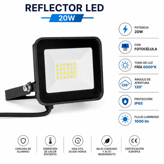 Imagen de LED Reflector 20w c/Fotocelula Frio DENSE IP65