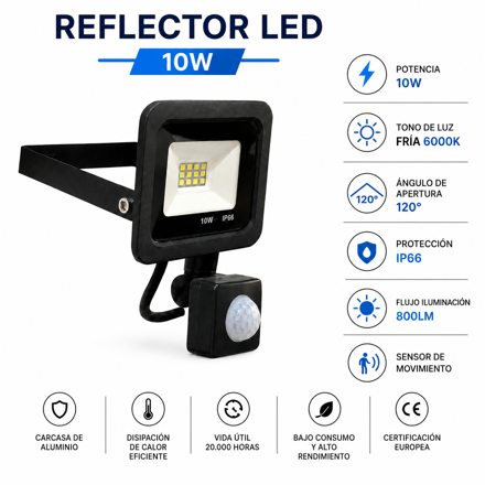 Imagen de LED Reflector 10w c/Sensor Negro Frio DENSE IP66