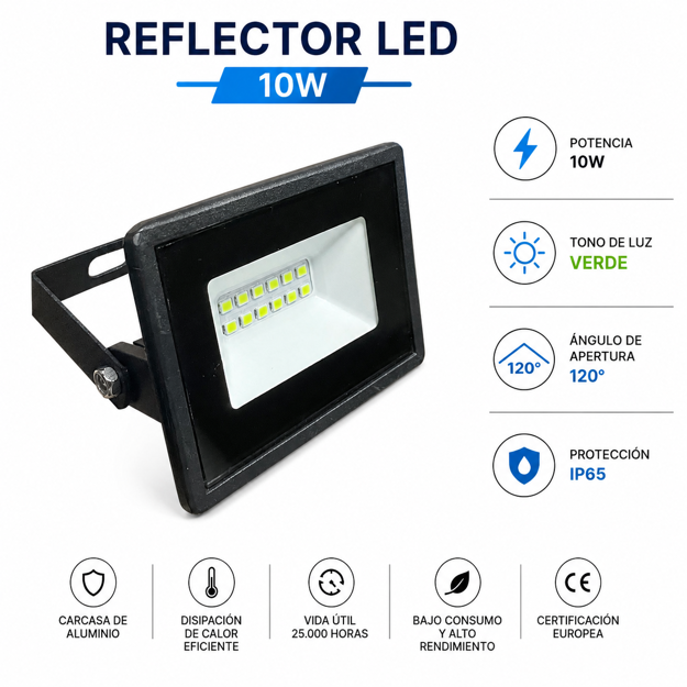 Imagen de REFLECTOR LED 10W Luz Verde IP65 8,5x3x6,5cm