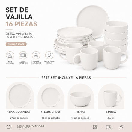 Imagen de JUEGO de Vajilla Ceramica 16Pcs Blanco Mate