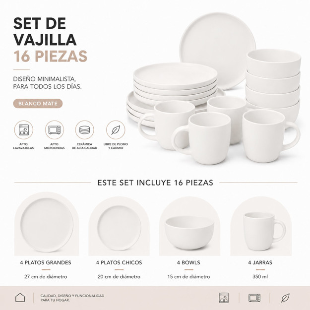 Imagen de JUEGO de Vajilla Ceramica 16Pcs Blanco Mate