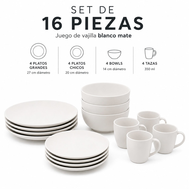 Imagen de JUEGO de Vajilla Ceramica 16Pcs Blanco Mate