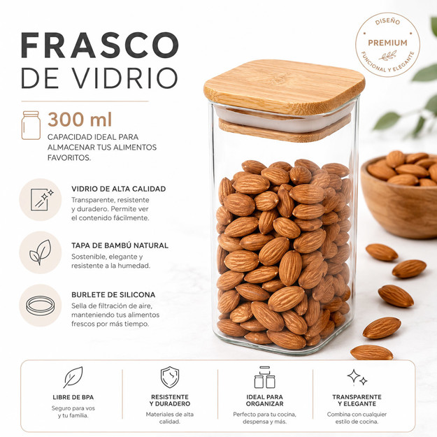 Imagen de FRASCO de Vidrio Tapa Bambu 300ml 6.5*6.5/12.5cm