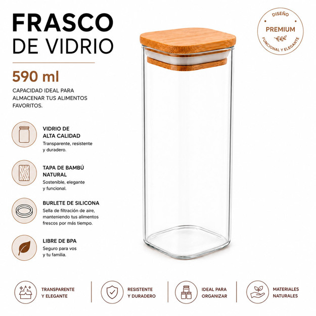 Imagen de FRASCO de Vidrio Tapa Bambu 590ml 6.5*6.5/19cm H