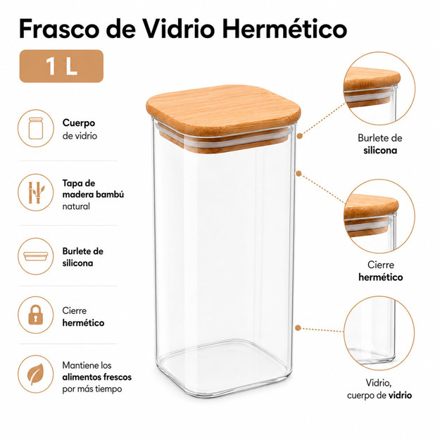 Imagen de FRASCO de Vidrio Tapa Bambu 1L 8.5*8.5/21cm H