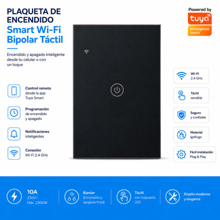 Imagen de PLAQUETA Negra Tactil Smart WIFI Bipolar
