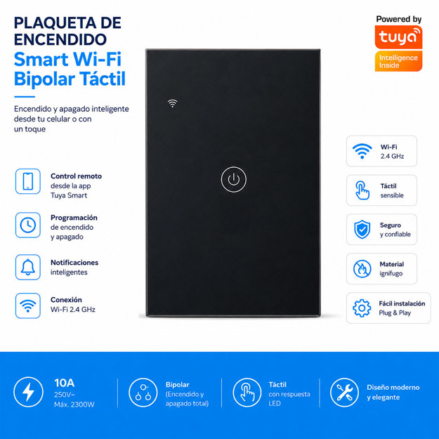 Imagen de PLAQUETA Negra Tactil Smart WIFI Bipolar