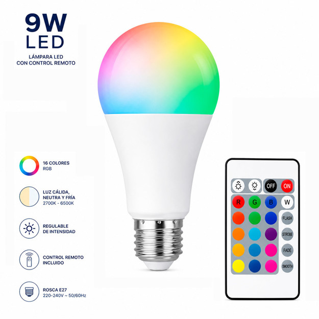 Imagen de LAMPARA LED Bulbo 9w E27 c/Control RGB
