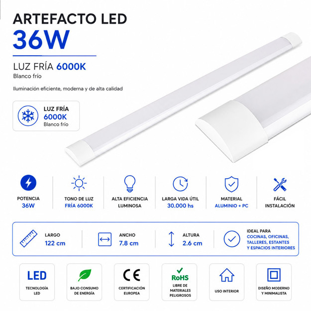 Imagen de ARTEFACTO LED Chato 36w Frío 120cm
