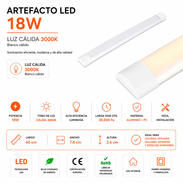 Imagen de ARTEFACTO LED Chato Regleta 18W Calido / 60cm