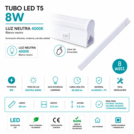 Imagen de ARTEFACTO LED T5 8w Neutro con Llave 60cm