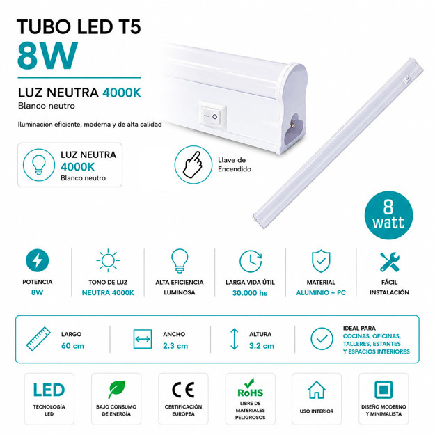 Imagen de ARTEFACTO LED T5 8w Neutro con Llave 60cm