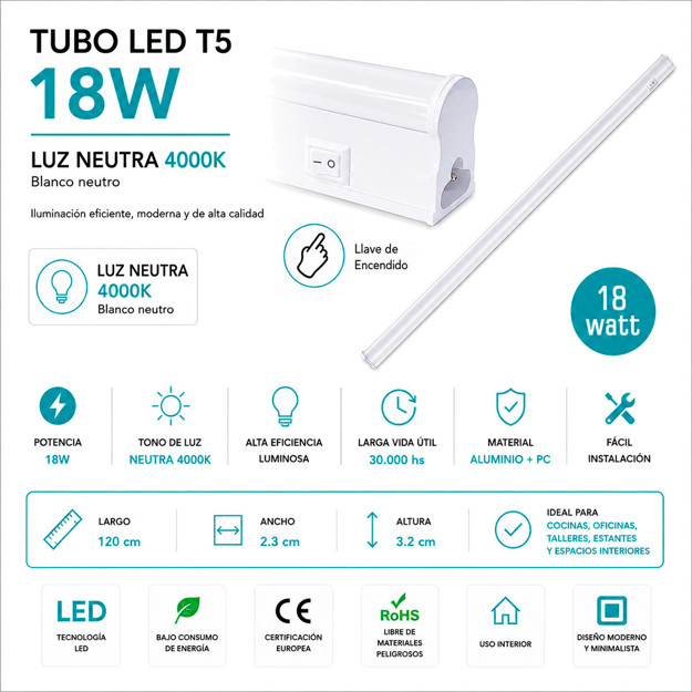 Imagen de ARTEFACTO LED T5 18w Neutro con Llave 120cm