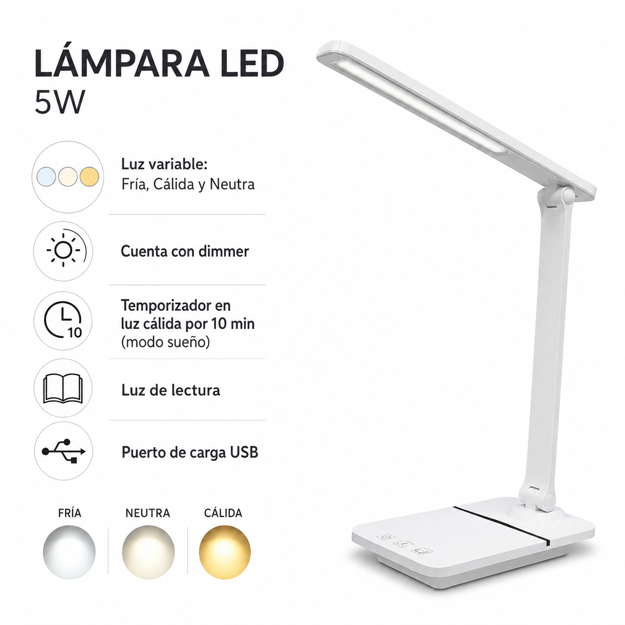 Imagen de PORTATIL Led 5w Dimerizable Luz Variable USB Blanca Bse 12.5x17cm /34cm H