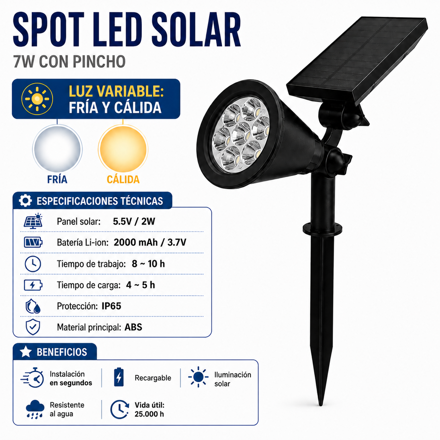 Imagen de Spot LED 7w Pincho c/Panel Solar y Fotocelula Calido/Frio