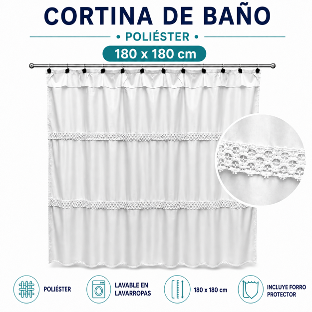 Imagen de CORTINA Blanca 1.80mts c/punt. c/forro 100%Pol