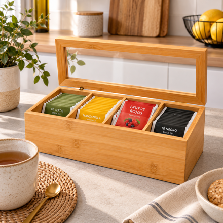 Imagen de Caja Rectangular para Té 4 Div Bambú 26.5*9*9cm H