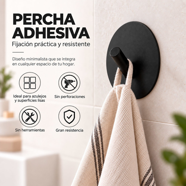 Imagen de PERCHA Adhesiva 1 Gancho Acero Negro Ø6cm